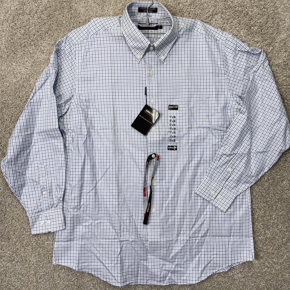 Kirkland Signature Dress Shirt Mens 17x35 Blue/Dk Blue Check Button-Down NEW